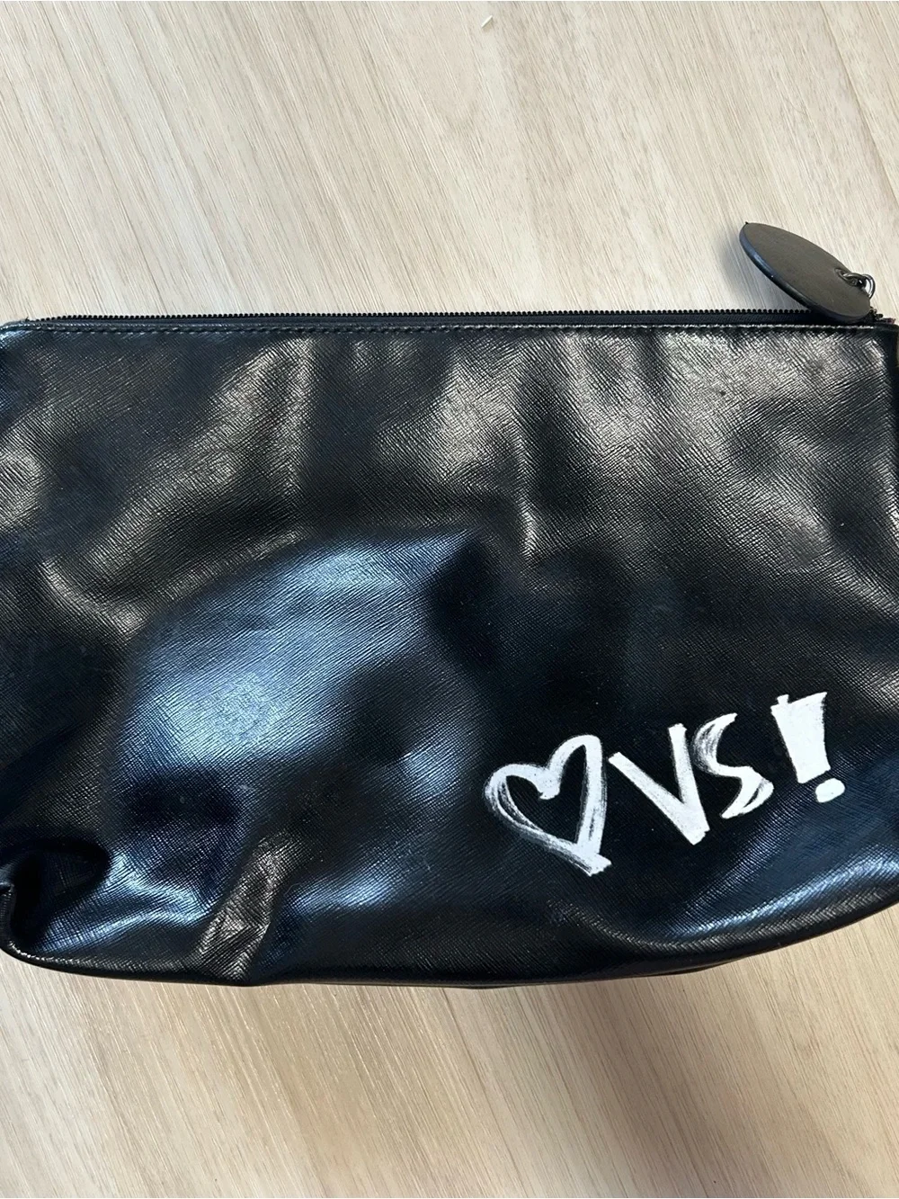 Victoria's Secret Large Cosmetic Zippered Bag Pouch Black Pink Heart Angel Wings